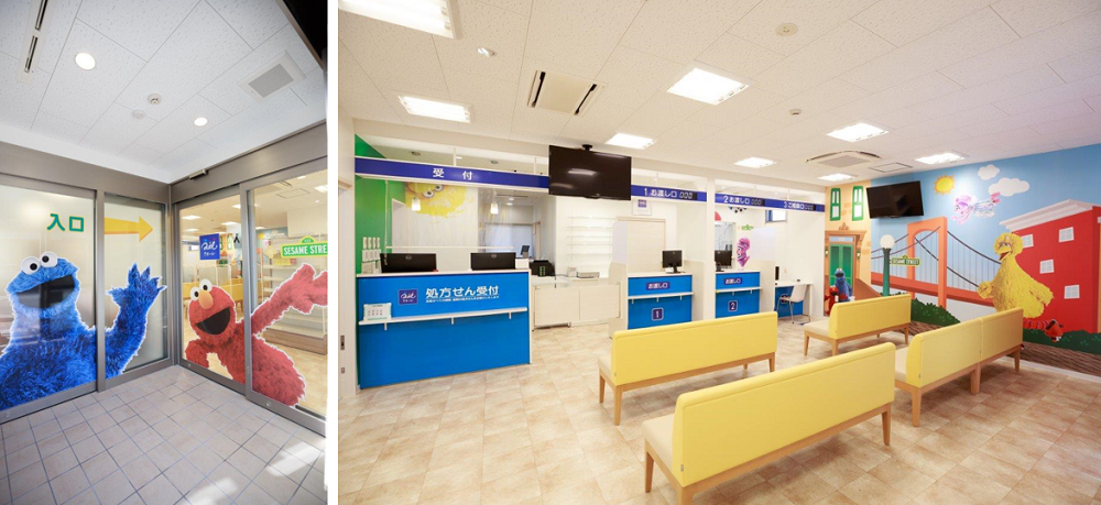 セサミストリートのキャラクター達が迎え入れる店内